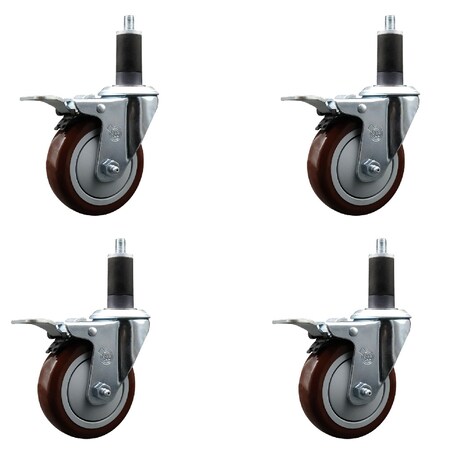 Service Caster 4'' SS Maroon Poly Swivel 1-1/4'' Expanding Stem Caster Set Total Lock Brake, 4PK SCC-SSEXTTL20S414-PPUB-MRN-114-4